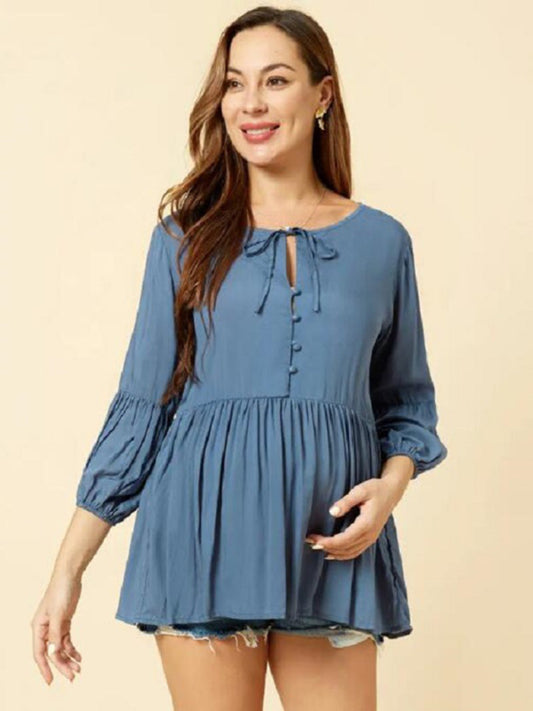 Women's Casual Round Neck Cropped Sleeves Pleated Maternity Blouse