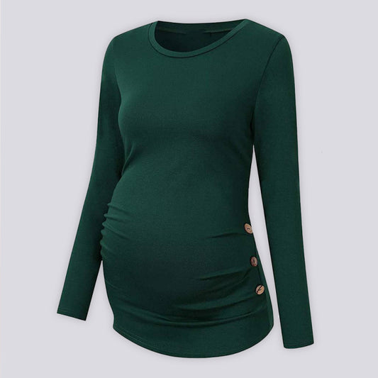 Maternity round neck button long sleeve pleated T-shirt