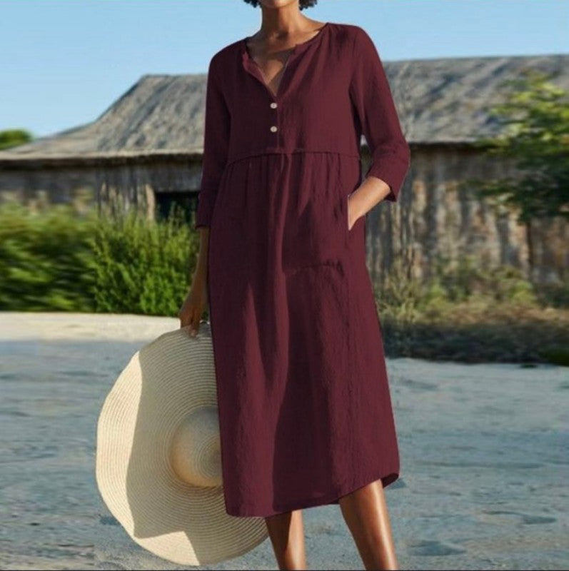 Round Neck Button Pocket Cotton Linen Long Sleeve Solid Color Dress