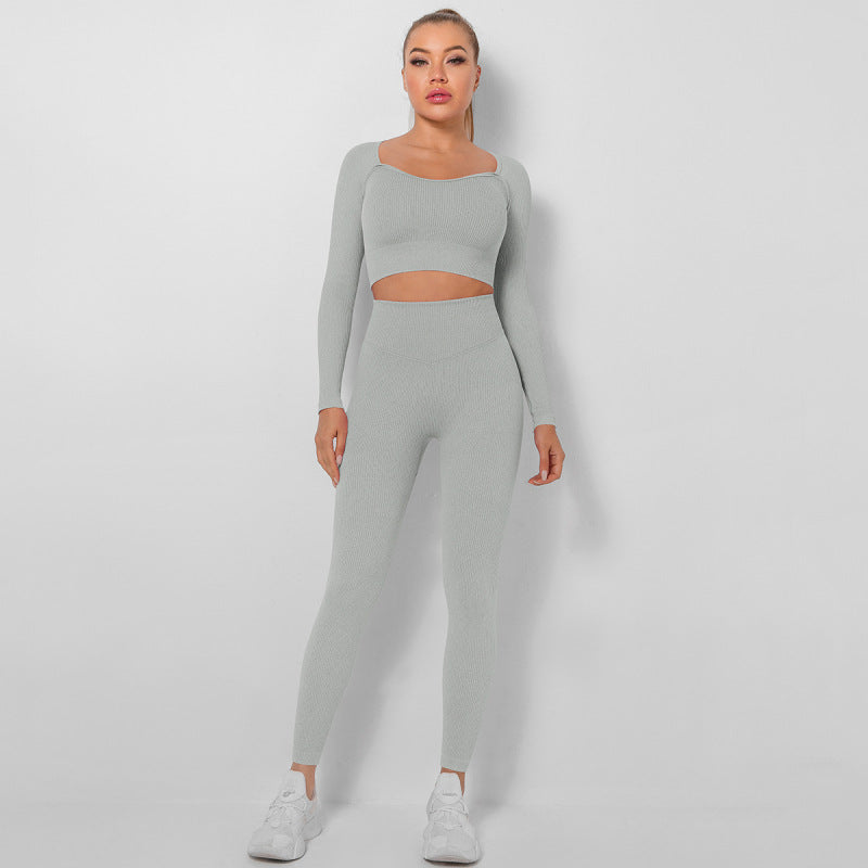 Women's Seamless High Waist Peach Gym Pants Long Sleeve Sports Two-piece Set