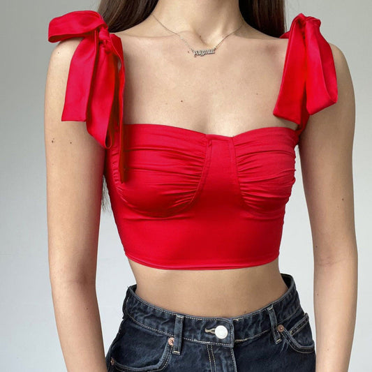 Pleated low-cut sexy strappy slim camisole with pleated neckline