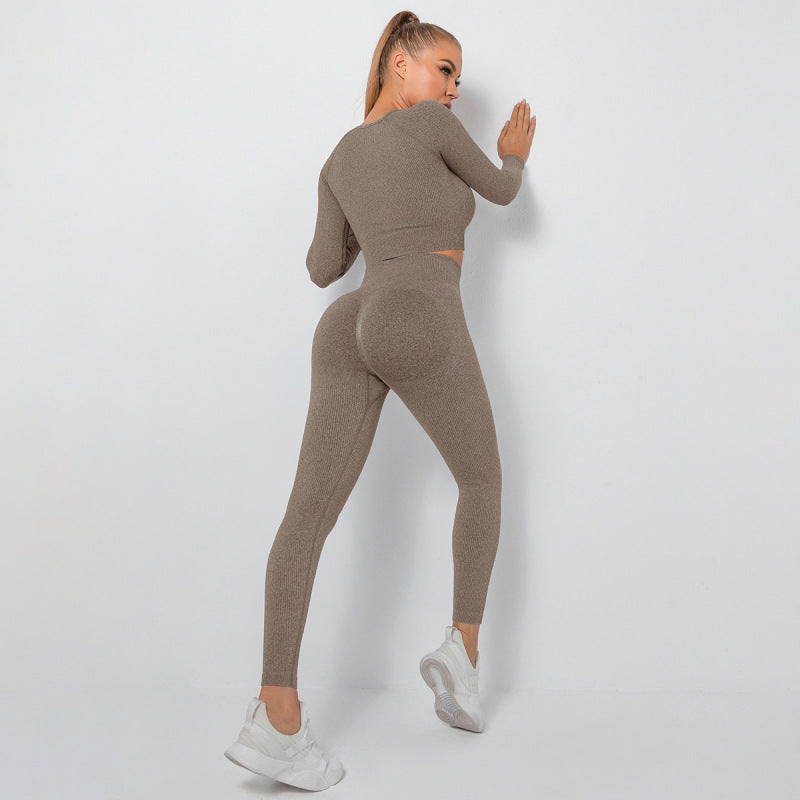 Women's Seamless High Waist Peach Gym Pants Long Sleeve Sports Two-piece Set